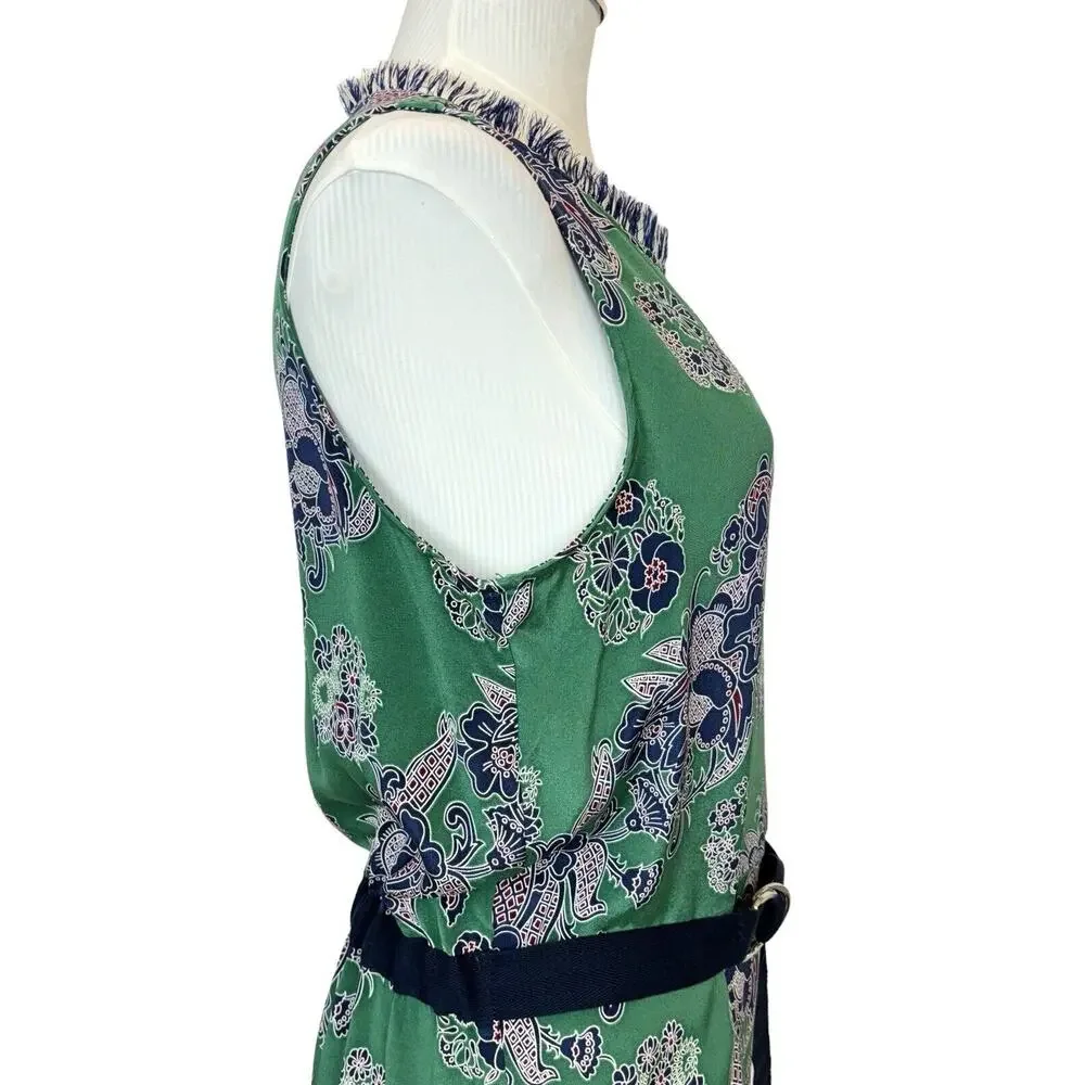 EUC Sea New‎ York Silk Sleeveless Midi Dress. Sz 8 Belted Pockets Fringe Green - Picture 5 of 16